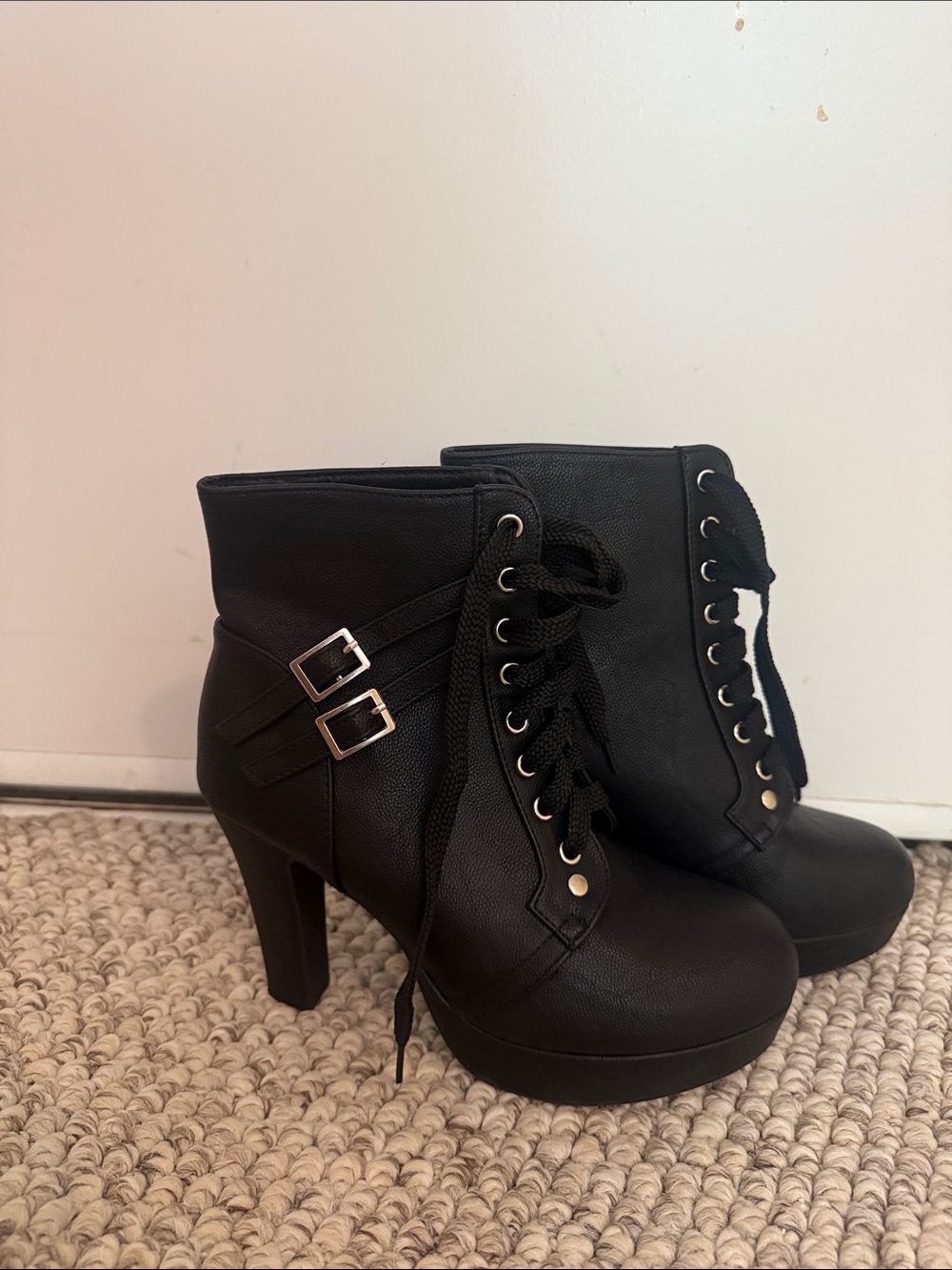 Black Lace-Up High Heel Ankle Boots - Women's Fashion